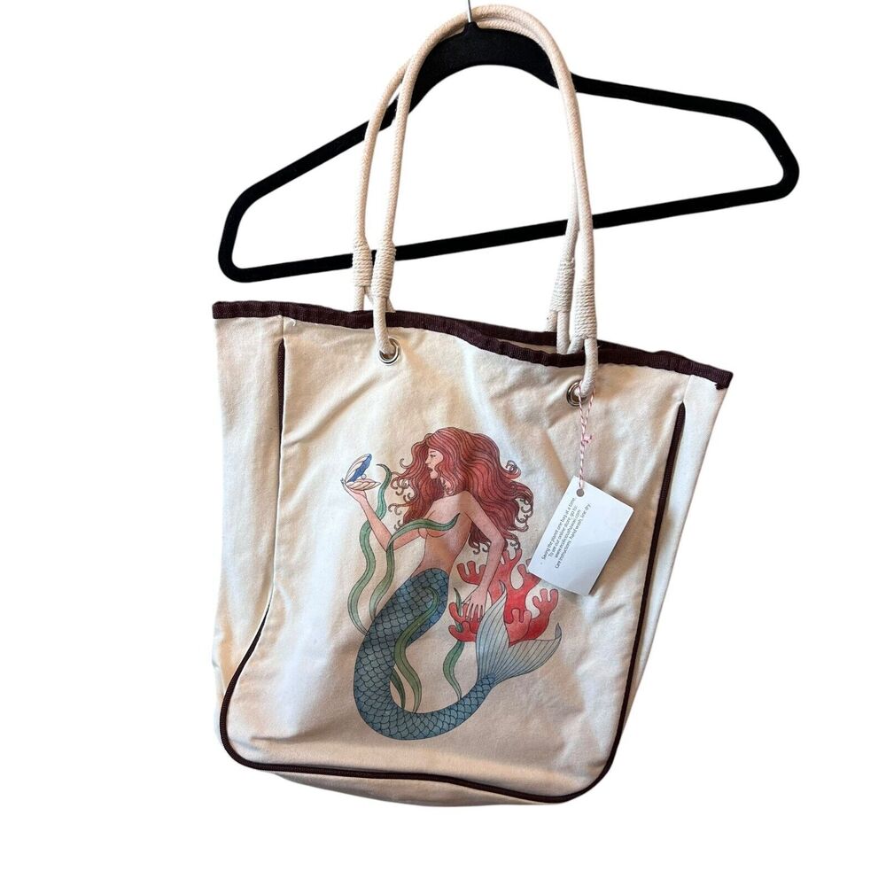 Ecolicious Mermaid‎ Canvas Tote Shoulder Bag Beige Beach Hawaii  Boho Festival